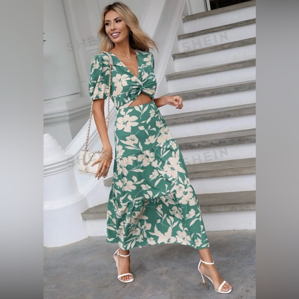 Shein Light Turquoise Floral Short Sleeve Midi Dress w/ Knot & Peep Details